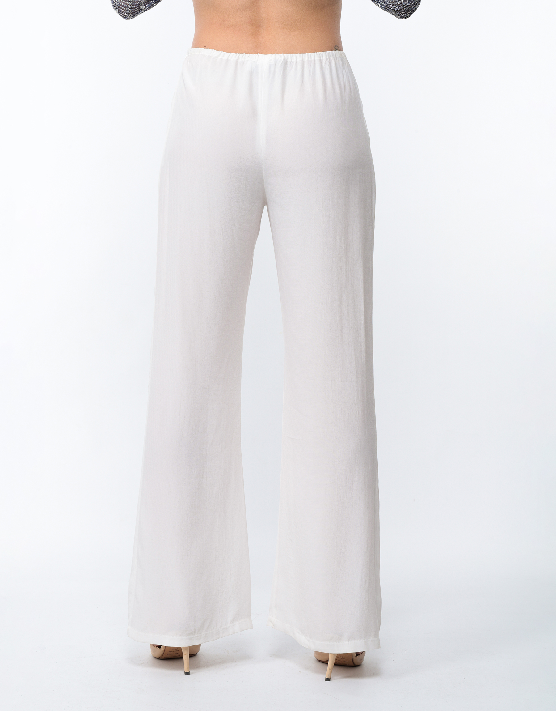 Flowing summer trousers in cotton crepe and white viscose or viscose and lilac silk